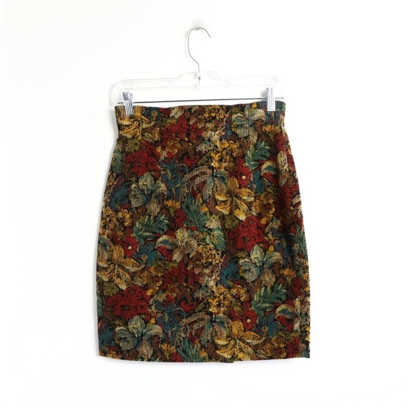 Vintage 70s corduroy floral mini skirt autumn fall high waist XS S 2 4 rug like - Picture 2 of 8